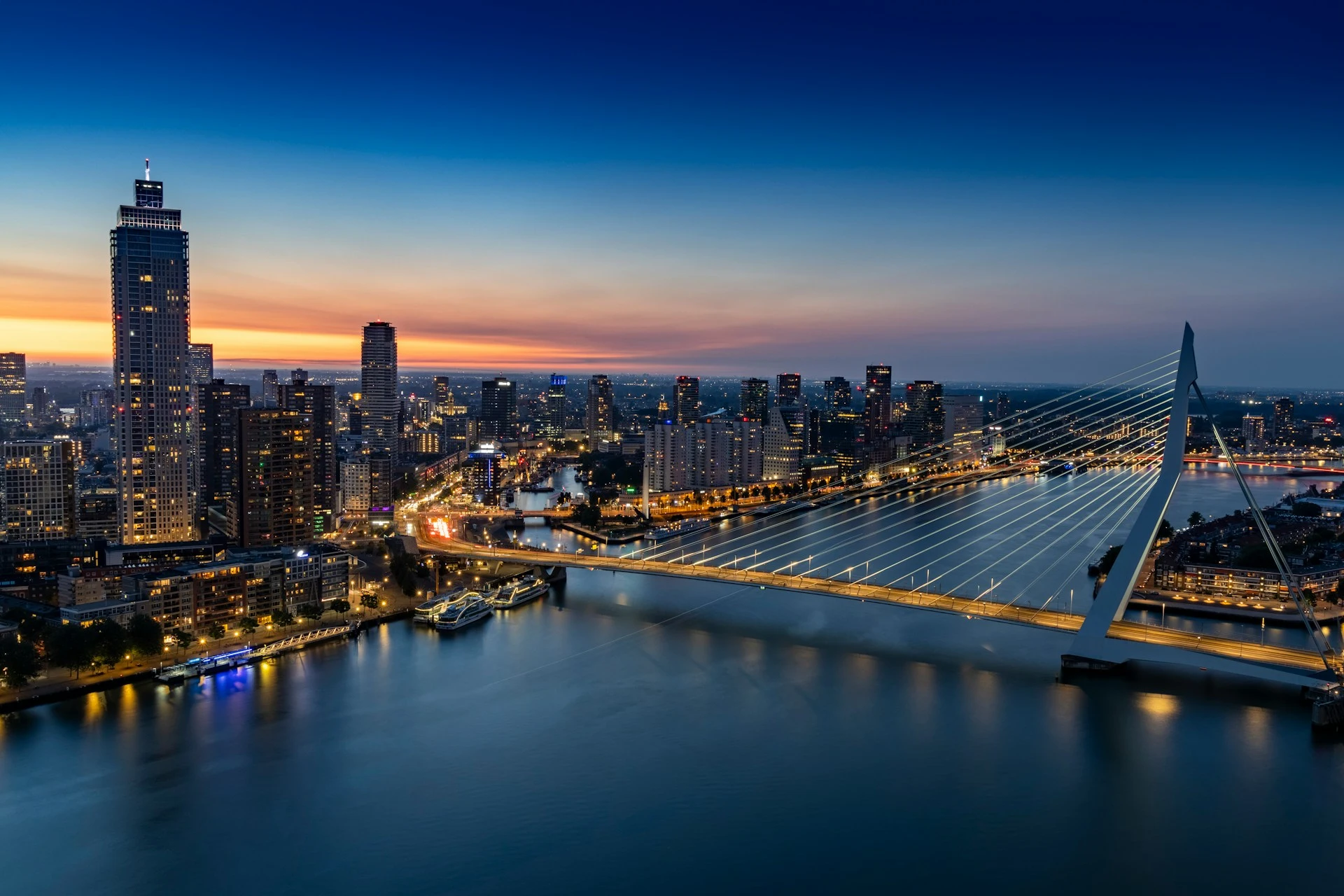 Rotterdam skyline met waterrand